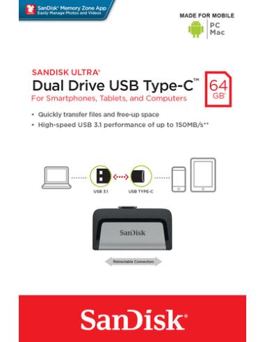 SanDisk Ultra Dual Drive USB Type-C unidad flash USB 64 GB USB Type-A / USB Type-C 3.2 Gen 1 (3.1 Gen 1) Negro, Plata