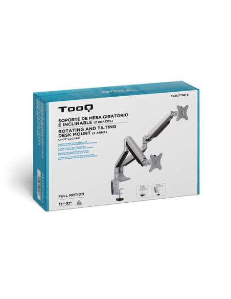 TooQ Soporte de Mesa Giratorio e Inclinable para 2 Pantallas (Monitor / TV Plasma / LCD / LED) 13” – 32”, de Dos Brazos, Plata