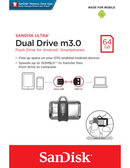 SanDisk Ultra Dual m3.0 unidad flash USB 64 GB USB Type-A / Micro-USB 3.2 Gen 1 (3.1 Gen 1) Negro, Plata, Transparente