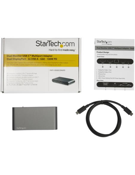 StarTech.com Docking Station USB C para 2 Monitores DisplayPort 4K - con Entrega de Potencia de 100W Passthrough - GbE - Hub Lad