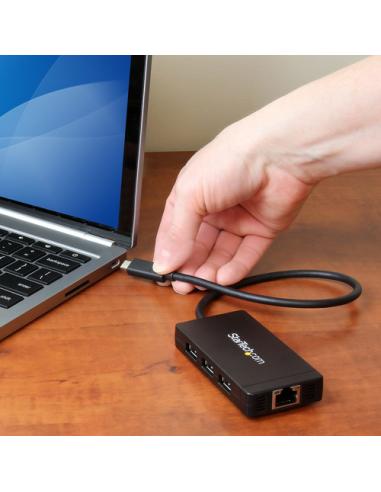 StarTech.com Concentrador USB 3.0 de 3 Puertos con USB-C y Ethernet Gigabit - 5Gbps - Con Adaptador de Alimentación