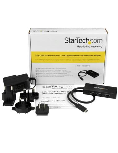 StarTech.com Concentrador USB 3.0 de 3 Puertos con USB-C y Ethernet Gigabit - 5Gbps - Con Adaptador de Alimentación