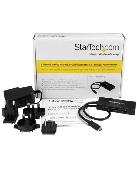 StarTech.com Concentrador USB 3.0 de 3 Puertos con USB-C y Ethernet Gigabit - 5Gbps - Con Adaptador de Alimentación