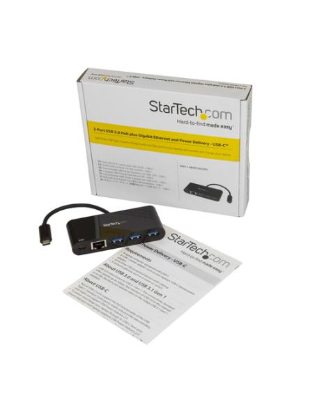 StarTech.com Hub Concentrador USB 3.0 USB-C de 3 Puertos con Ethernet Gigabit y Entrega de Alimentación de 60W con Puerto Pass-T