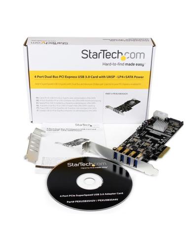 StarTech.com Adaptador Tarjeta PCI Express PCI-E 4 Puertos USB 3.0 UASP Bus Doble con Alimentación Molex SATA