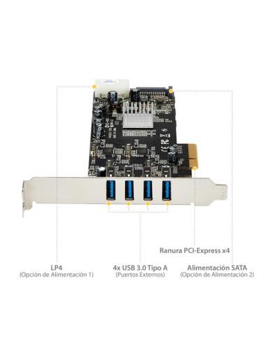 StarTech.com Adaptador Tarjeta PCI Express PCI-E 4 Puertos USB 3.0 UASP 2 Canales de 5Gbps con Alimentación Molex SATA