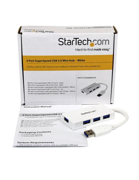 StarTech.com Adaptador Concentrador Hub Ladrón USB 3.0 (5Gbps) Super Speed para Laptop de 4 Puertos Salidas - Blanco