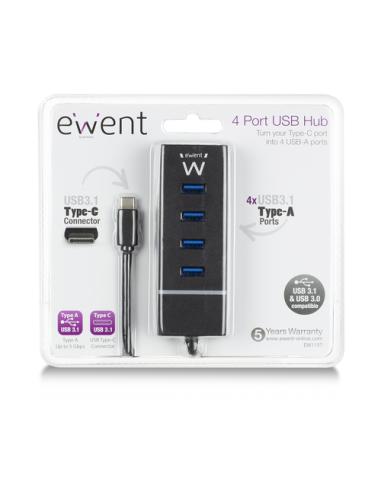 Ewent EW1137 hub de interfaz USB 3.2 Gen 1 (3.1 Gen 1) Type-C 5000 Mbit/s Negro