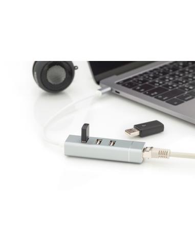 Digitus Concentrador USB 2.0 de 3 puertos y adaptador LAN Fast Ethernet con conexión Type-C™
