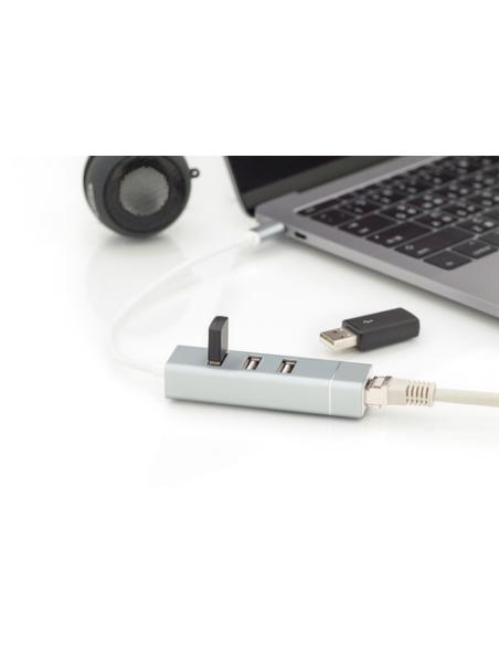 Digitus Concentrador USB 2.0 de 3 puertos y adaptador LAN Fast Ethernet con conexión Type-C™