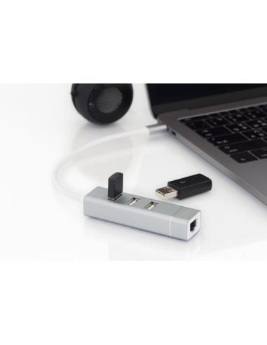 Digitus Concentrador USB 2.0 de 3 puertos y adaptador LAN Fast Ethernet con conexión Type-C™