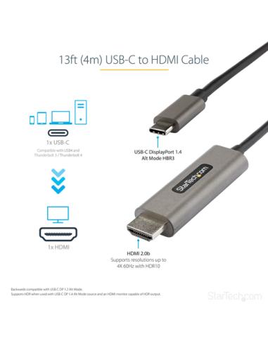 StarTech.com Cable 4m USB C a HDMI 4K de 60Hz con HDR10 - Adaptador de Vídeo USB Tipo C a HDMI 2.0b Ultra HD 4K - Convertidor US