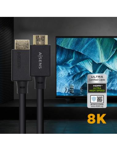 AISENS Cable HDMI V2.1 Ultra Alta Velocidad / HEC Certificado 8k@60Hz 48Gbps, A/M-A/M, Negro, 2.0m