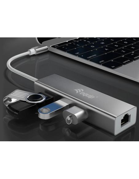 Equip Hub USB-C a USB 3.0 de 3 puertos con adaptador Gigabit