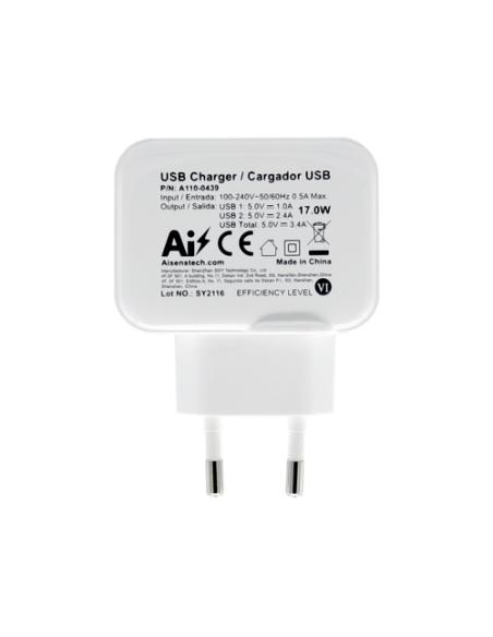 AISENS Cargador USB 17W 5V/3.4A, 2xUSB Con Control AI, Blanco