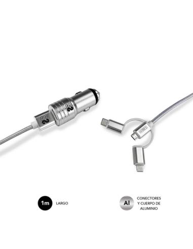 SUBBLIM Cargador Coche 2xUSB Dual Car Charger Alum 2.4A + Cable 3 in 1 Silver