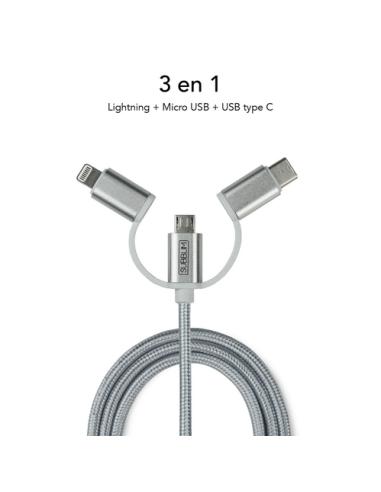 SUBBLIM Cargador Coche 2xUSB Dual Car Charger Alum 2.4A + Cable 3 in 1 Silver