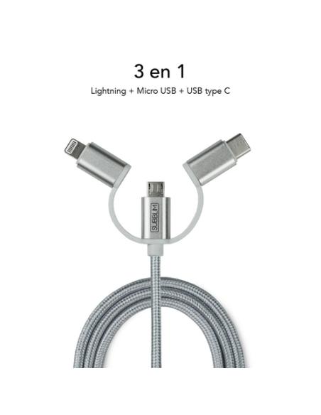 SUBBLIM Cargador Coche 2xUSB Dual Car Charger Alum 2.4A + Cable 3 in 1 Silver