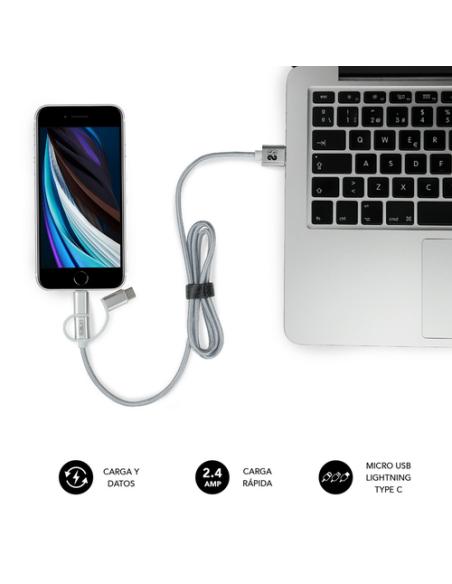 SUBBLIM Cargador Coche 2xUSB Dual Car Charger Alum 2.4A + Cable 3 in 1 Silver