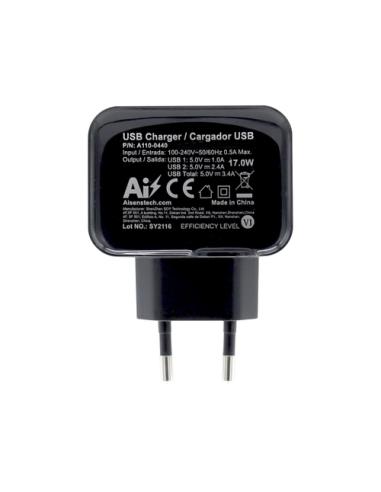 AISENS Cargador USB 17W 5V/3.4A, 2xUSB Con Control AI, Negro