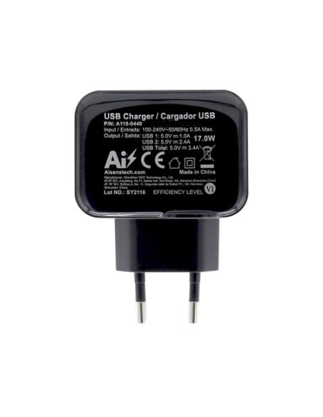 AISENS Cargador USB 17W 5V/3.4A, 2xUSB Con Control AI, Negro