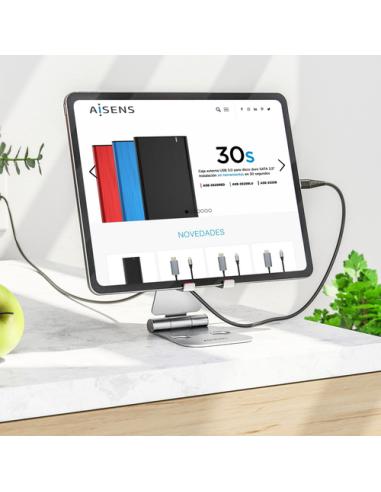 AISENS Soporte De Sobremesa Tamaño XL Ajustable (2 Pivotes) Para Movil / Tablet, Plata