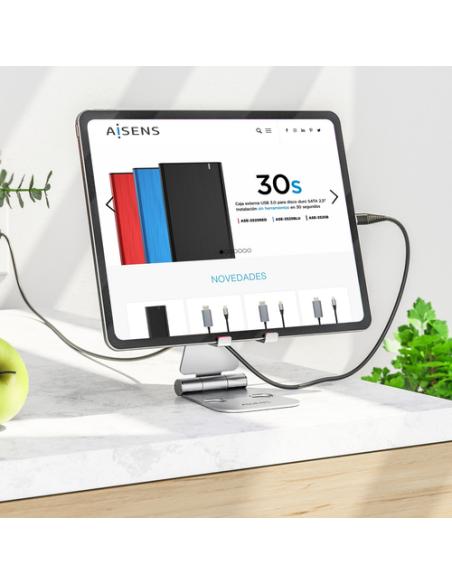 AISENS Soporte De Sobremesa Tamaño XL Ajustable (2 Pivotes) Para Movil / Tablet, Plata