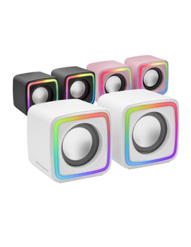 Mars Gaming MSCUBEW Blanco, Altavoces Gaming RGB Compactos, Procesador Sonido DSP 8W, Control Volumen