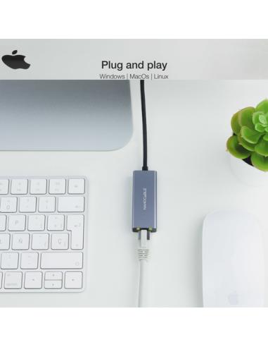 Nanocable Conversor USB-C a Ethernet Gigabit 10/100/1000 Mbps, Aluminio, Gris, 15 cm