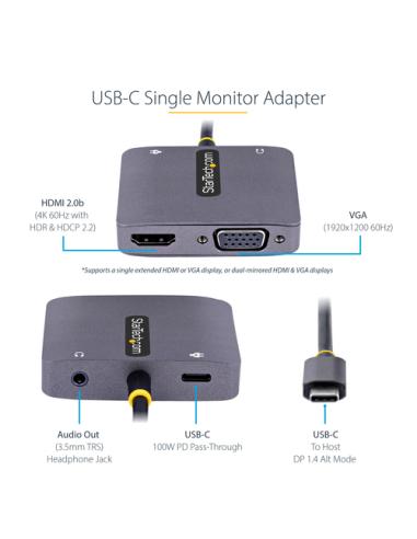 StarTech.com Adaptador de Vídeo USB C, Adaptador Multipuertos USB Tipo C a HDMI VGA con Salida de Audio de 3,5mm, HDR 4K a 60Hz,