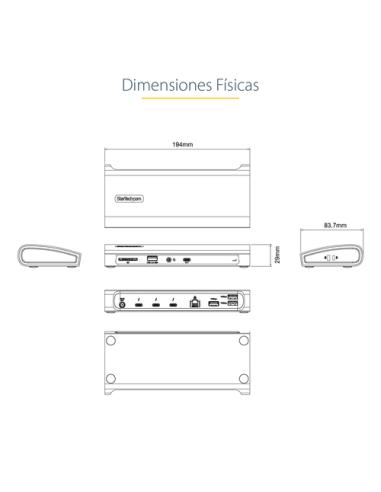 StarTech.com Docking Station Thunderbolt 4, PD de 96W, para 1 Monitor de 8K/para 2 Monitores de 4K 60Hz, 3xTB4/USB4, 4xUSB-A/SD/