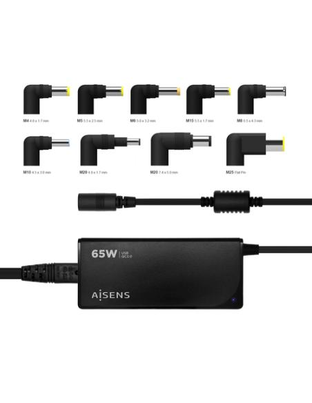 AISENS Cargador 65 W Automatico Universal Multitension Para Portatil Con 9 Conectores + USB-A QC.3.0