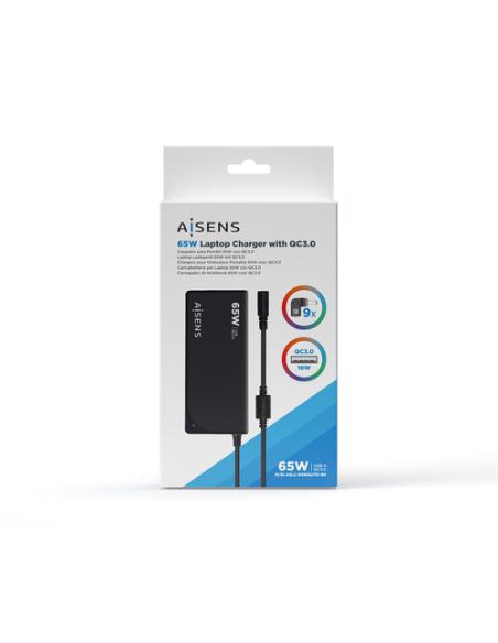 AISENS Cargador 65 W Automatico Universal Multitension Para Portatil Con 9 Conectores + USB-A QC.3.0
