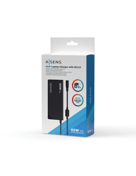 AISENS Cargador 65 W Automatico Universal Multitension Para Portatil Con 9 Conectores + USB-A QC.3.0