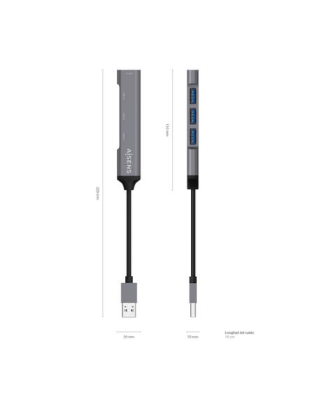 AISENS Hub USB 3.0 Aluminio, Tipo A/M - 4x Tipo A/H, Gris, 10cm