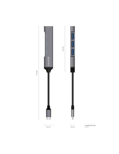AISENS Hub USB 3.1 USB-C, Tipo C/M - 4x Tipo A/H, Gris, 10 cm