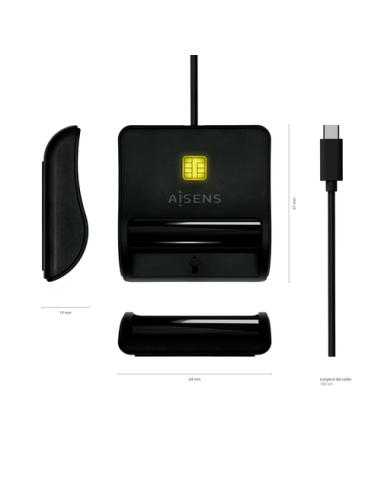 AISENS Lector De Tarjeta Inteligente DNI, USB-C, Negro