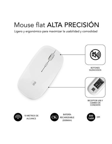 SUBBLIM Ratón Óptico Inalámbrico 2.4G y Bluetooth Dual Flat Mouse Recargable Blanco