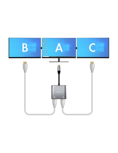 AISENS Conversor USB-C a 2XHDMI 4K SST MST/USB2.0/USB-C PD 60W, USB-C/M-2XHDMI/H-USB-A/H-USB-C/H, Gris, 15CM
