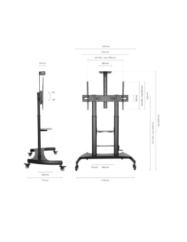 AISENS Soporte de Suelo ECO con Ruedas y Manivela, Bandeja para DVD y Soporte de Cámara para Monitor/TV 100Kg de 60-100, Negro