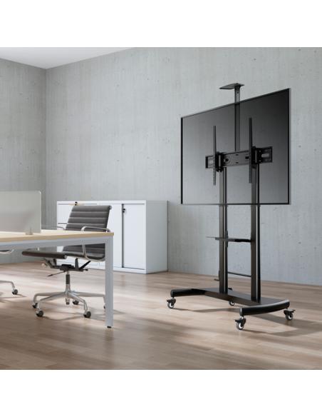 AISENS Soporte de Suelo ECO con Ruedas y Manivela, Bandeja para DVD y Soporte de Cámara para Monitor/TV 100Kg de 60-100, Negro