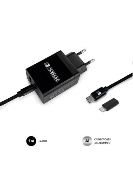 SUBBLIM CARGADOR ULTRA RAPIDO 2xUSB DE PARED PD25W+QC3.0+Cable C to C y lightning Negro