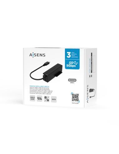 AISENS Adaptador ASE-35C02B SATA a USB-C USB 3.0/USB3.1 GEN1 para Discos Duros 2.5" y 3.5" con Alimentador, Negro