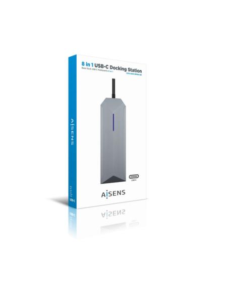 AISENS USB-C dock 8 en 1, USB-C a 1xHDMI, 1xRJ45, 3xUSB, 1xPD, 1xSD, 1xMicroSD, Gris, 15 cm