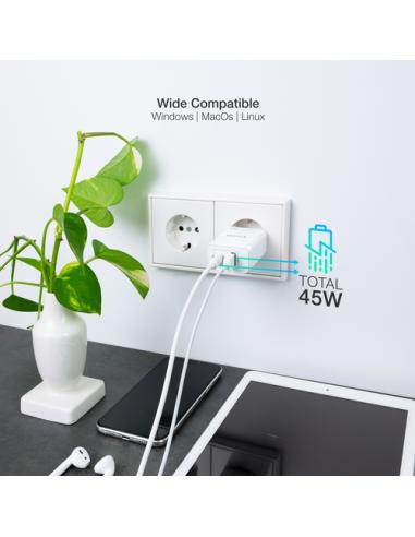 TooQ Cargador de Pared GaN USB-C/PD + USB-A/QC 45W, Blanco