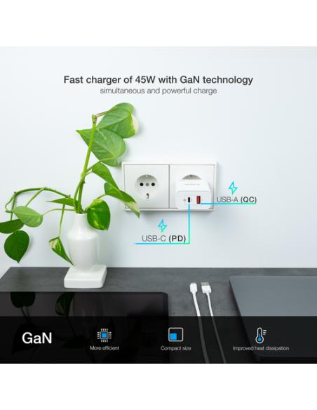 TooQ Cargador de Pared GaN USB-C/PD + USB-A/QC 45W, Blanco