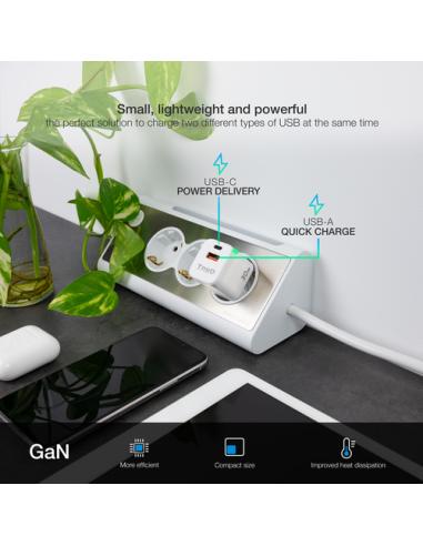 TooQ Cargador de Pared GaN USB-C/PD + USB-A/QC 30W, Blanco