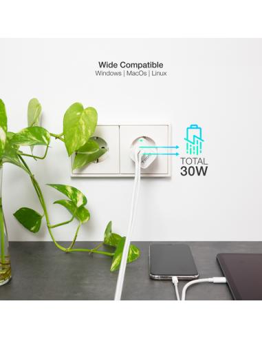 TooQ Cargador de Pared GaN USB-C/PD + USB-A/QC 30W, Blanco