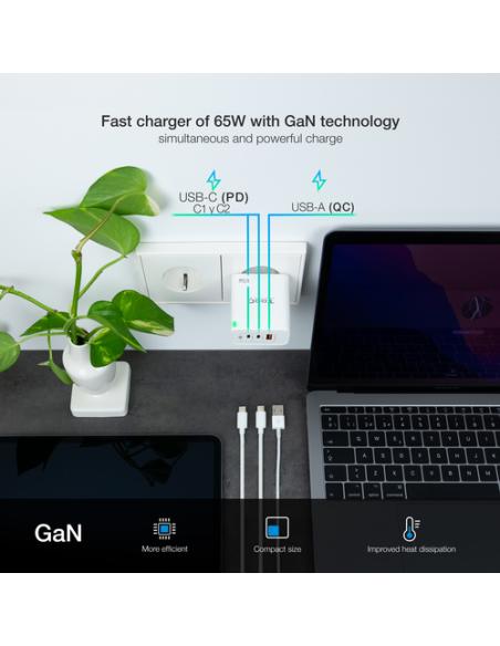TooQ Cargador de Pared GaN 2USB-C/PD + USB-A/QC 65W, Blanco