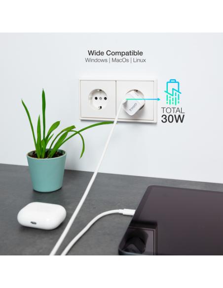 TooQ Cargador de Pared GAN USB-C/PD 30W, Blanco